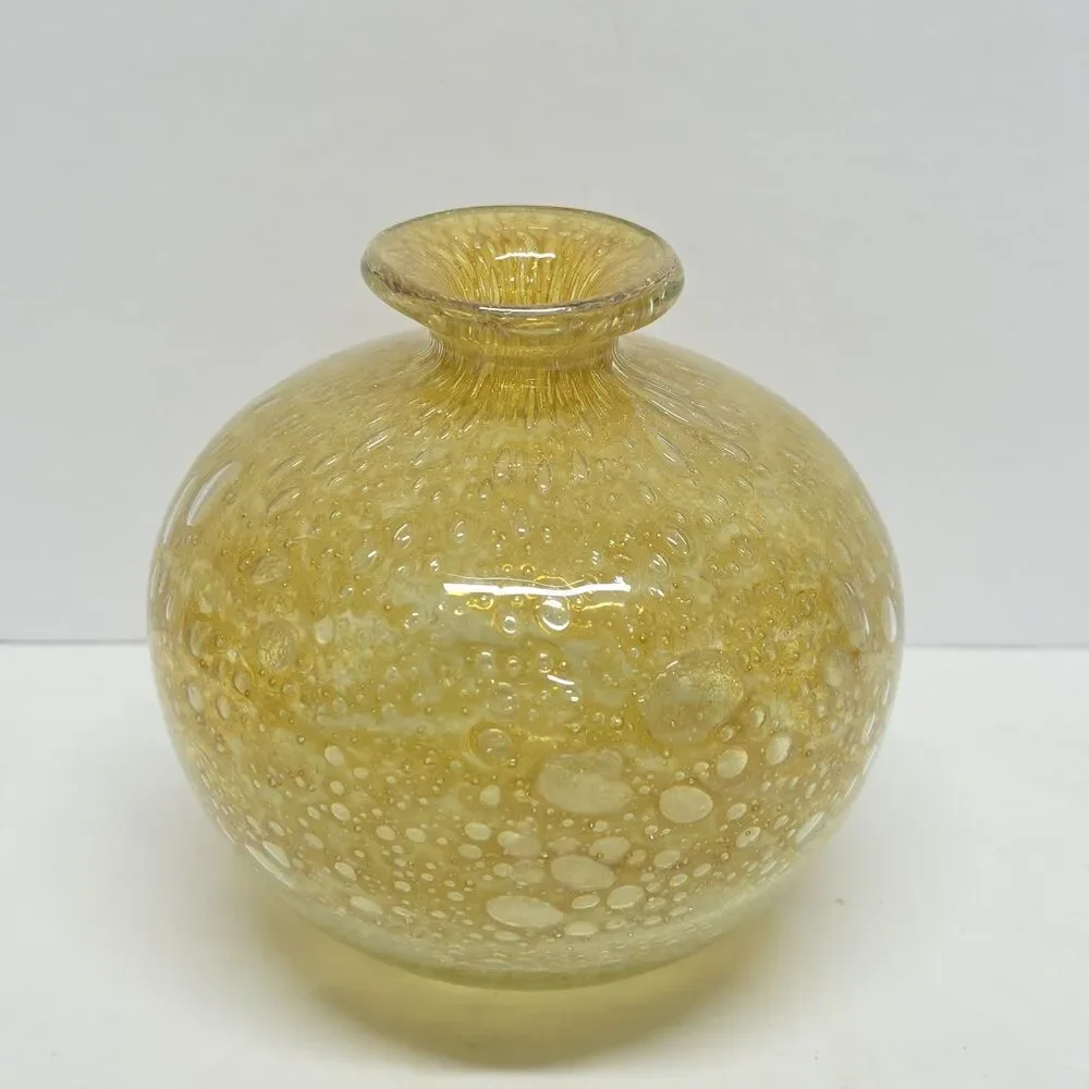 Vintage 70s MDINA Bubble Glass Globe Vase Yellow Ochre By Michael Harris Malta